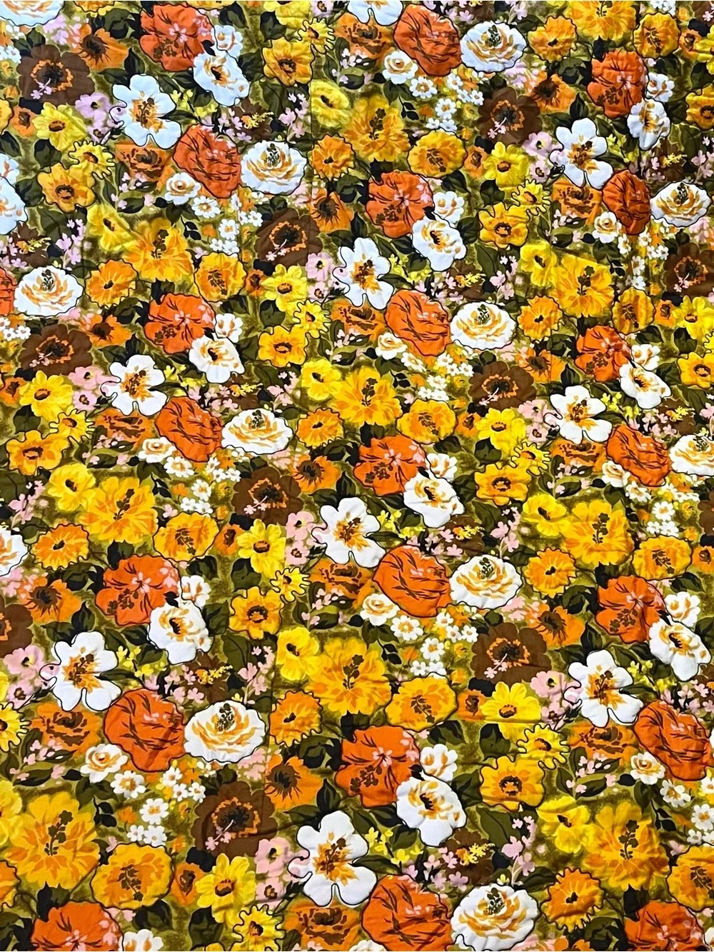 Vintage 1960s 60s Large Floral Orange Yellow Brown White Green Blanket Comforter